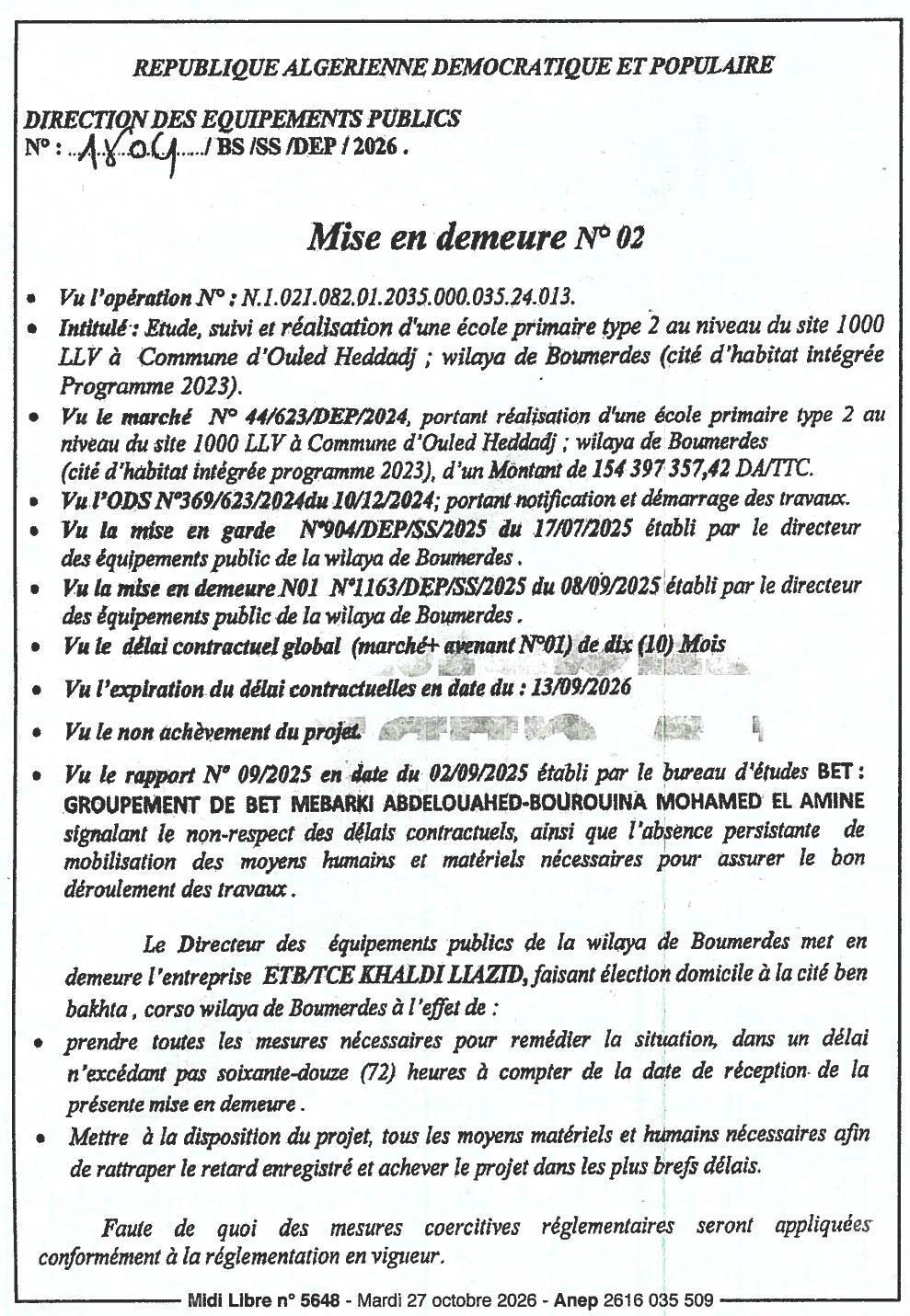 Mise en demeure pour non-achèvement des travaux d'une école primaire à Ouled Heddadj (Boumerdès)