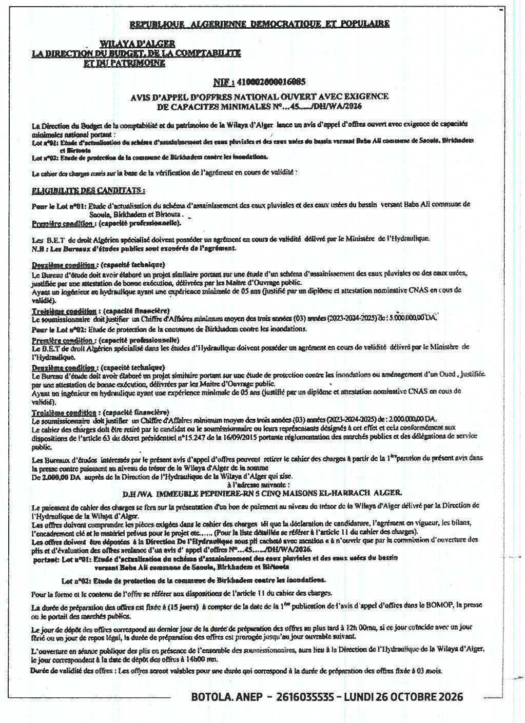 Études d'assainissement et de protection contre les inondations (lots 01 et 02) - Communes de Saoula, Birkhadem et Birtouta