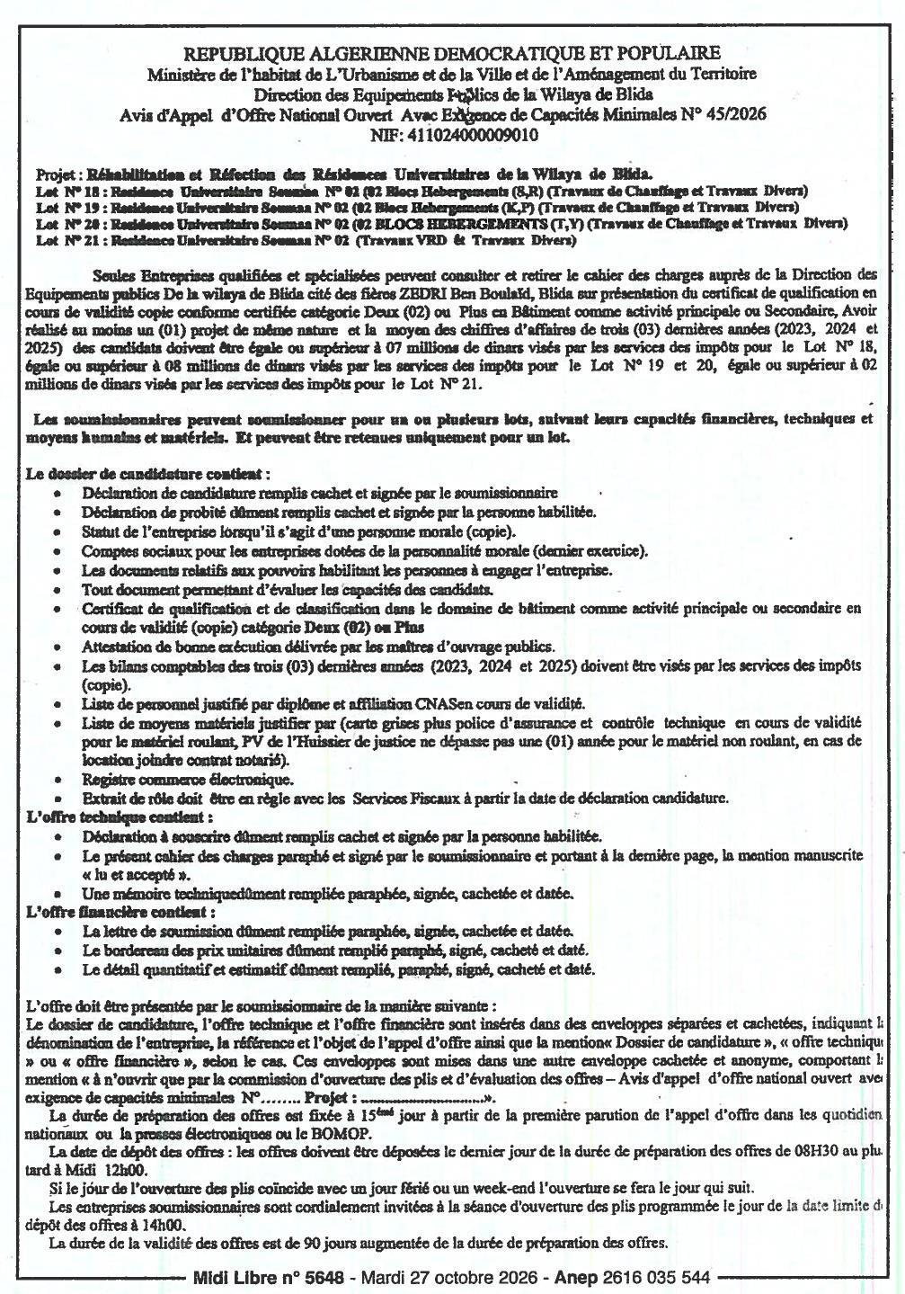 Réhabilitation et réfection des résidences universitaires de Blida (lots 18 à 21)