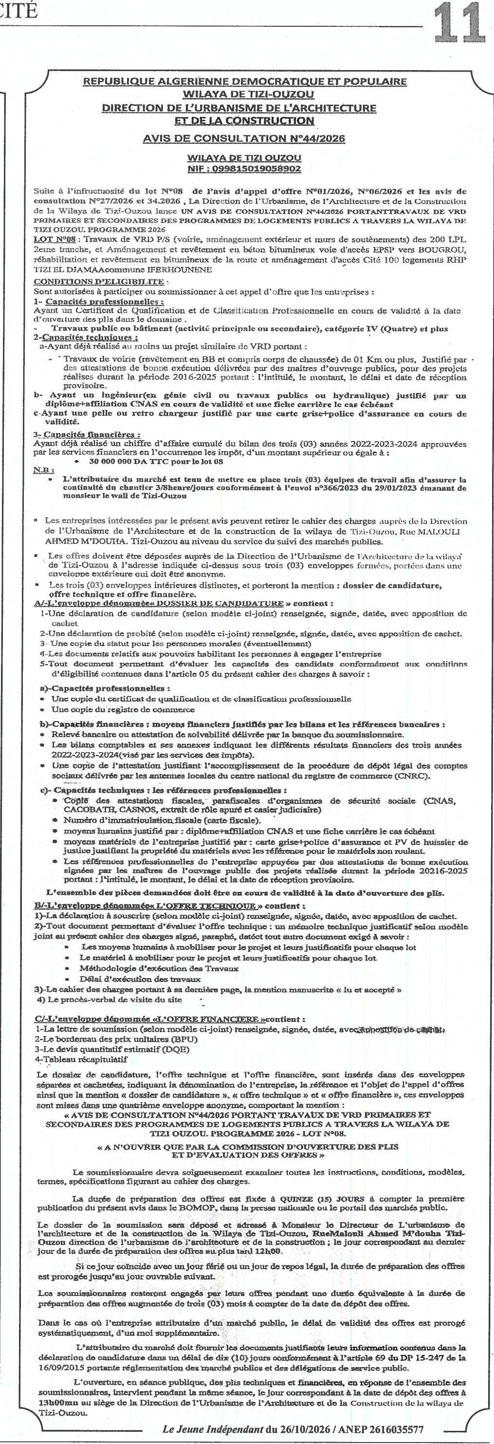 Travaux de VRD primaires et secondaires pour les programmes de logements publics (Lot N°08) - Wilaya de Tizi-Ouzou