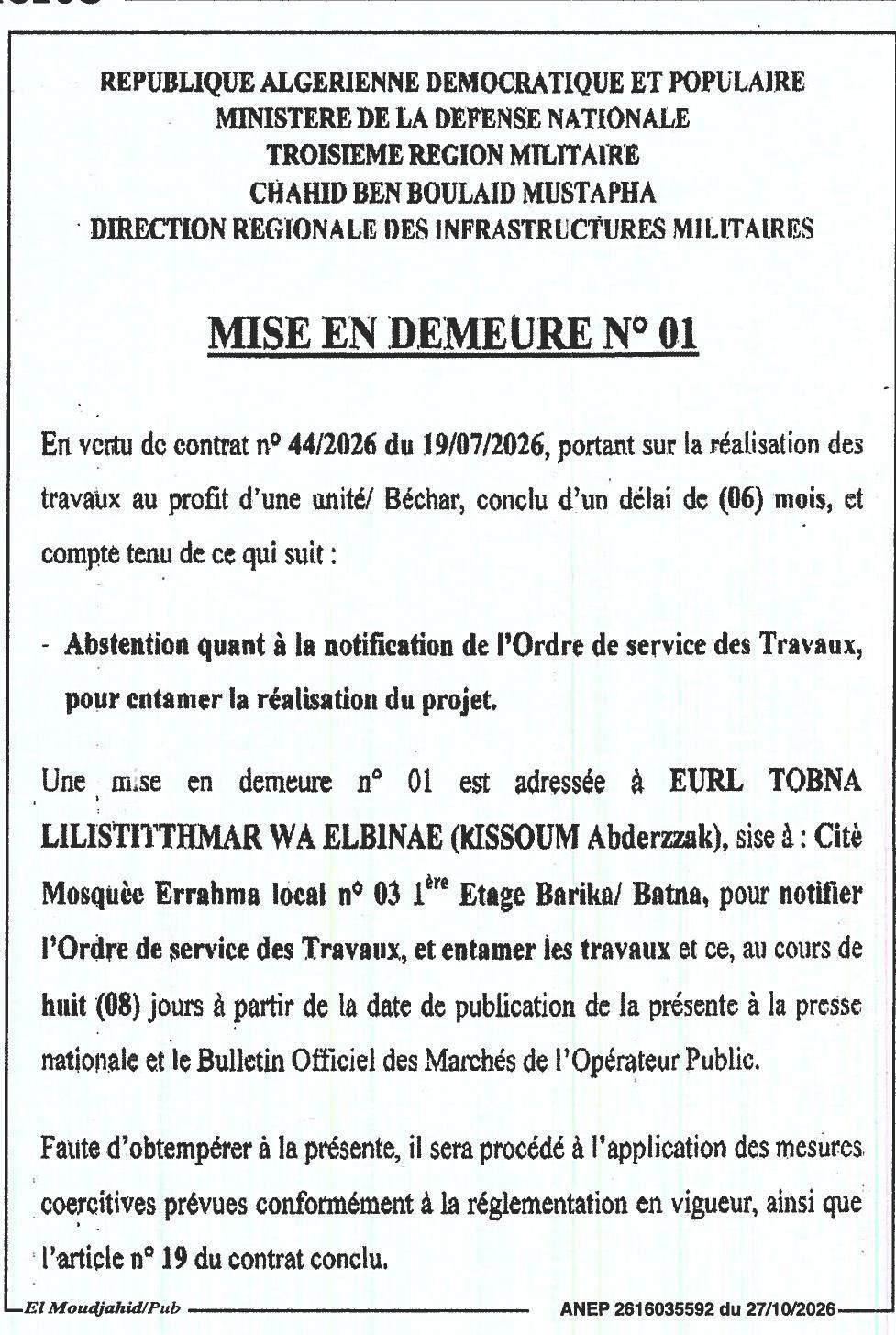 Mise en demeure pour notification de l'ordre de service des travaux