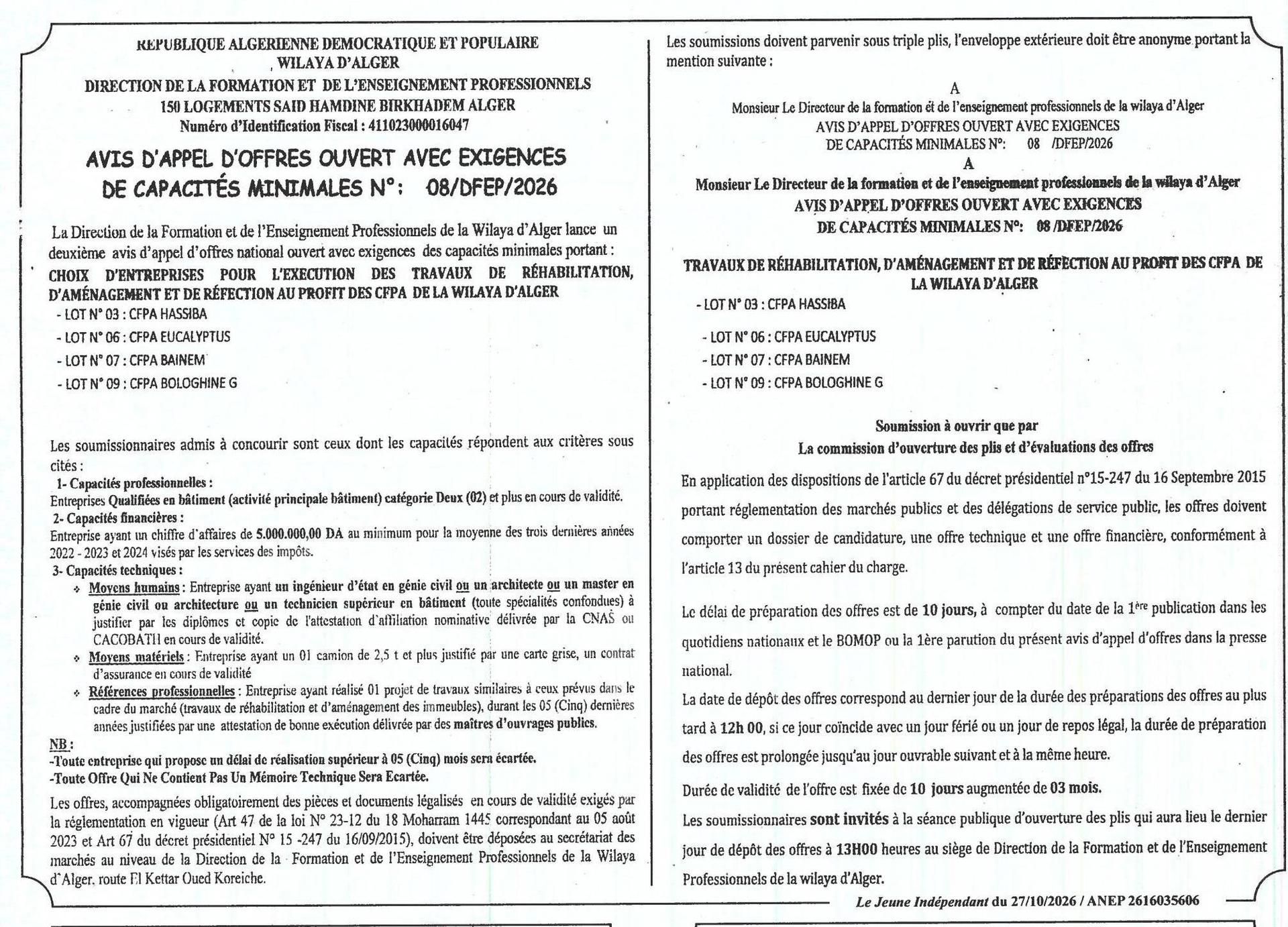 Choix d'entreprises pour la réhabilitation, l'aménagement et la réfection des CFPA de la wilaya d'Alger (lots 03, 06, 07 et 09)