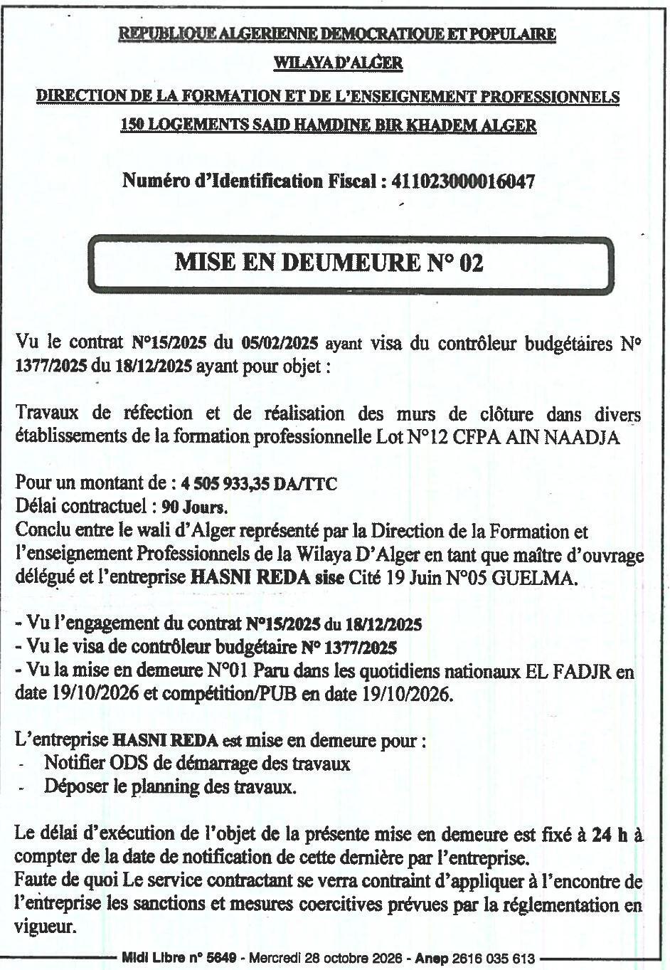 Mise en demeure pour non-respect des obligations contractuelles (démarrage des travaux et dépôt du planning)