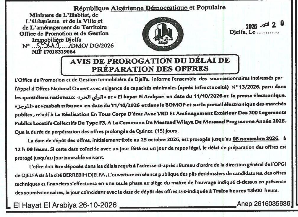 Prorogation du délai de préparation des offres pour la réalisation de 300 logements publics locatifs collectifs (type F3) à Messaad