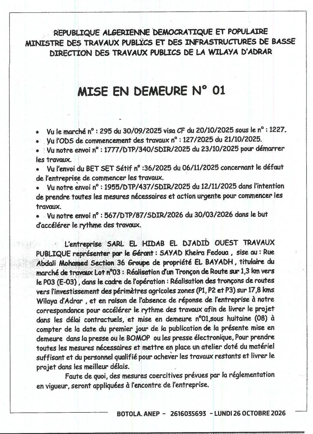 Mise en demeure pour non-respect des délais de travaux du tronçon routier (Lot 03) à Adrar