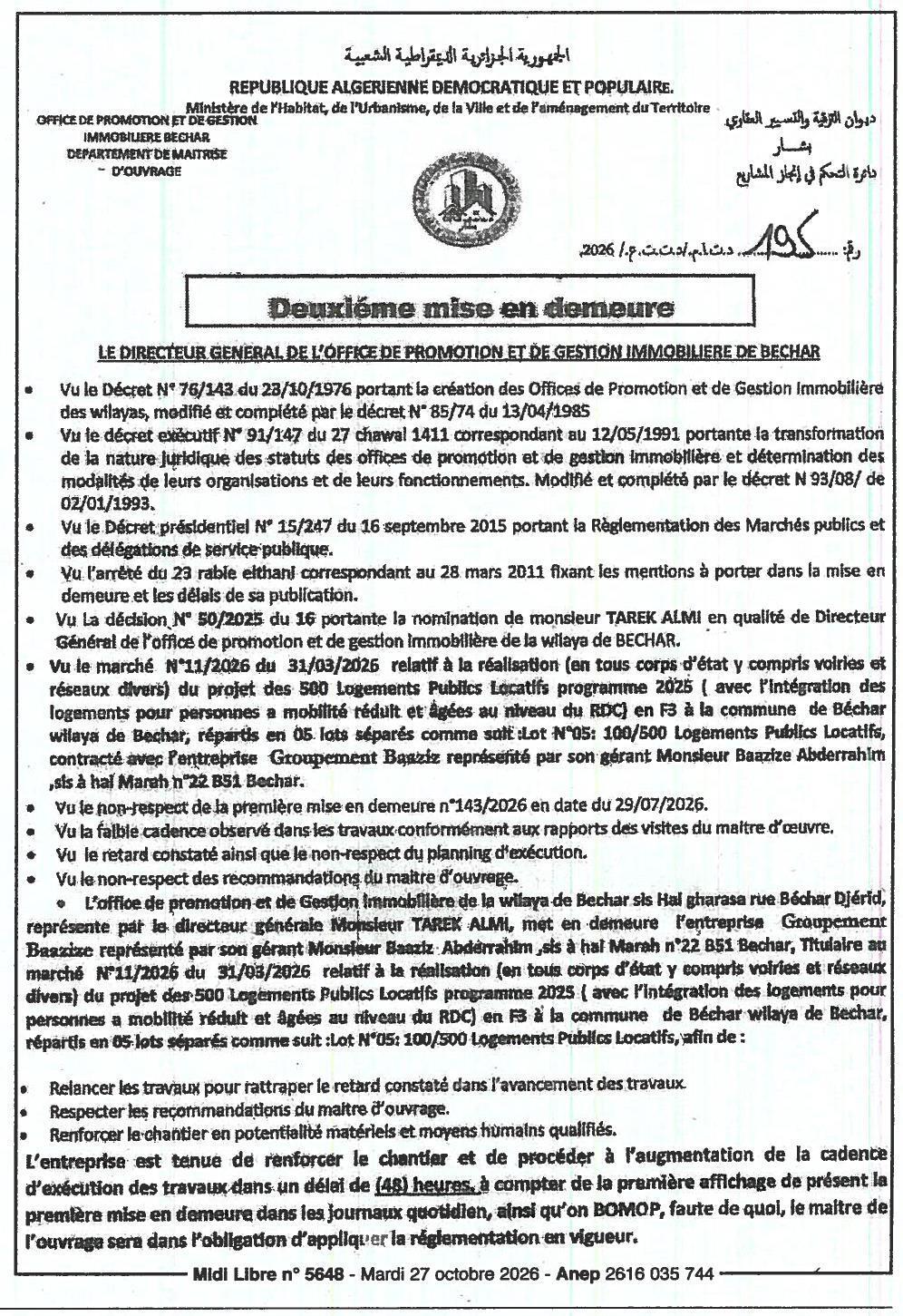 Deuxième mise en demeure pour retard dans l'exécution des travaux des 500 Logements Publics Locatifs (Lot N°05)