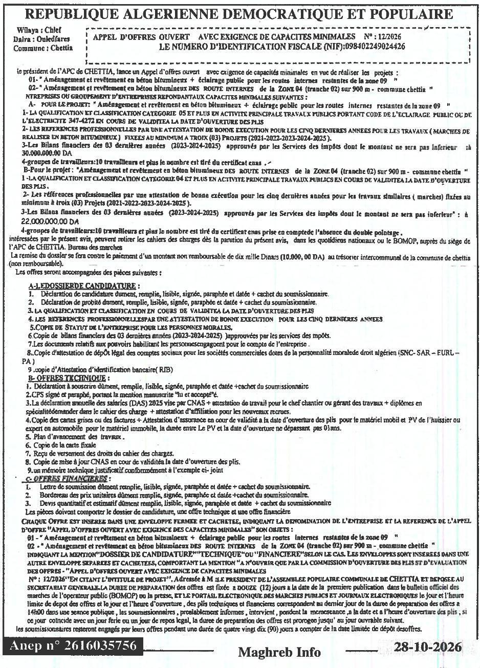 Aménagement et revêtement en béton bitumineux et éclairage public pour routes internes (zones 09 et 04, tranche 02) - Commune de Chettia