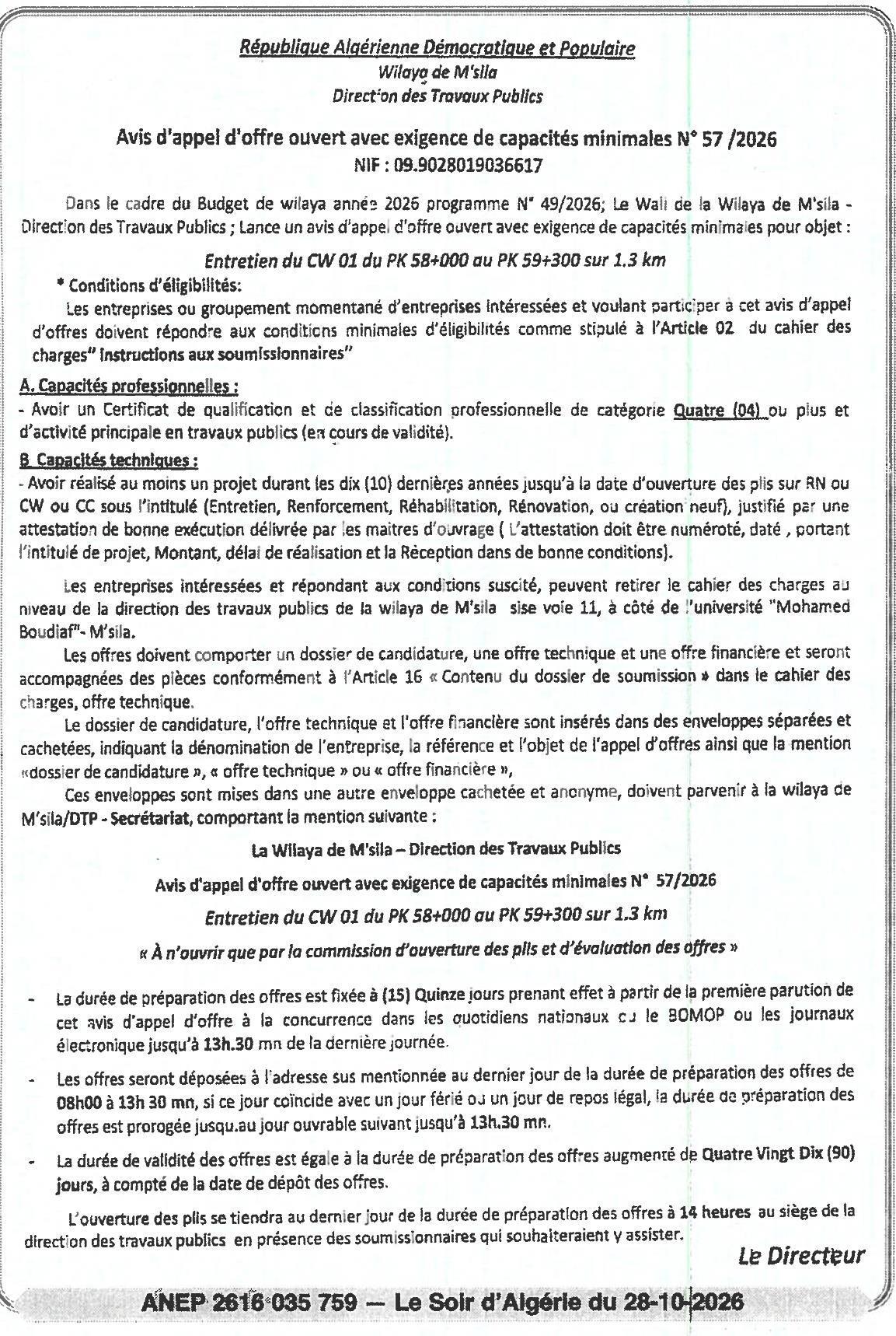 Entretien du CW 01 du PK 58+000 au PK 59+300 sur 1.3 km