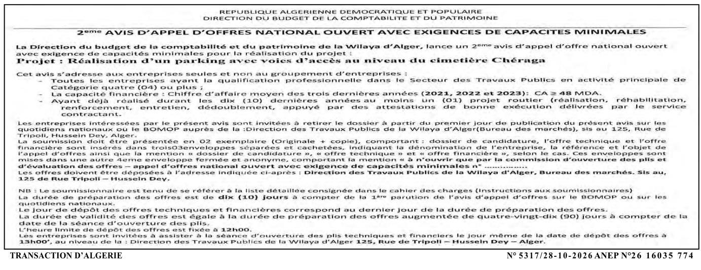 Réalisation d'un parking avec voies d'accès au niveau du cimetière Chéraga