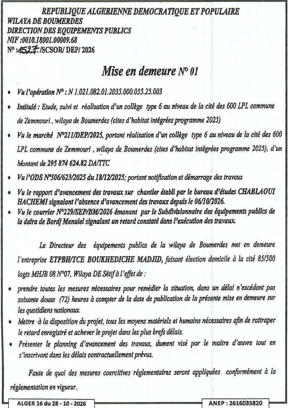 Mise en demeure pour retard dans l'exécution des travaux du collège type 6 à Zemmouri (Wilaya de Boumerdes)