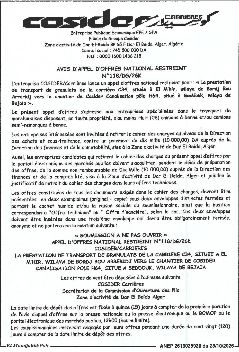 Appel d'offres restreint pour le transport de granulats (El M'hir → Seddouk)