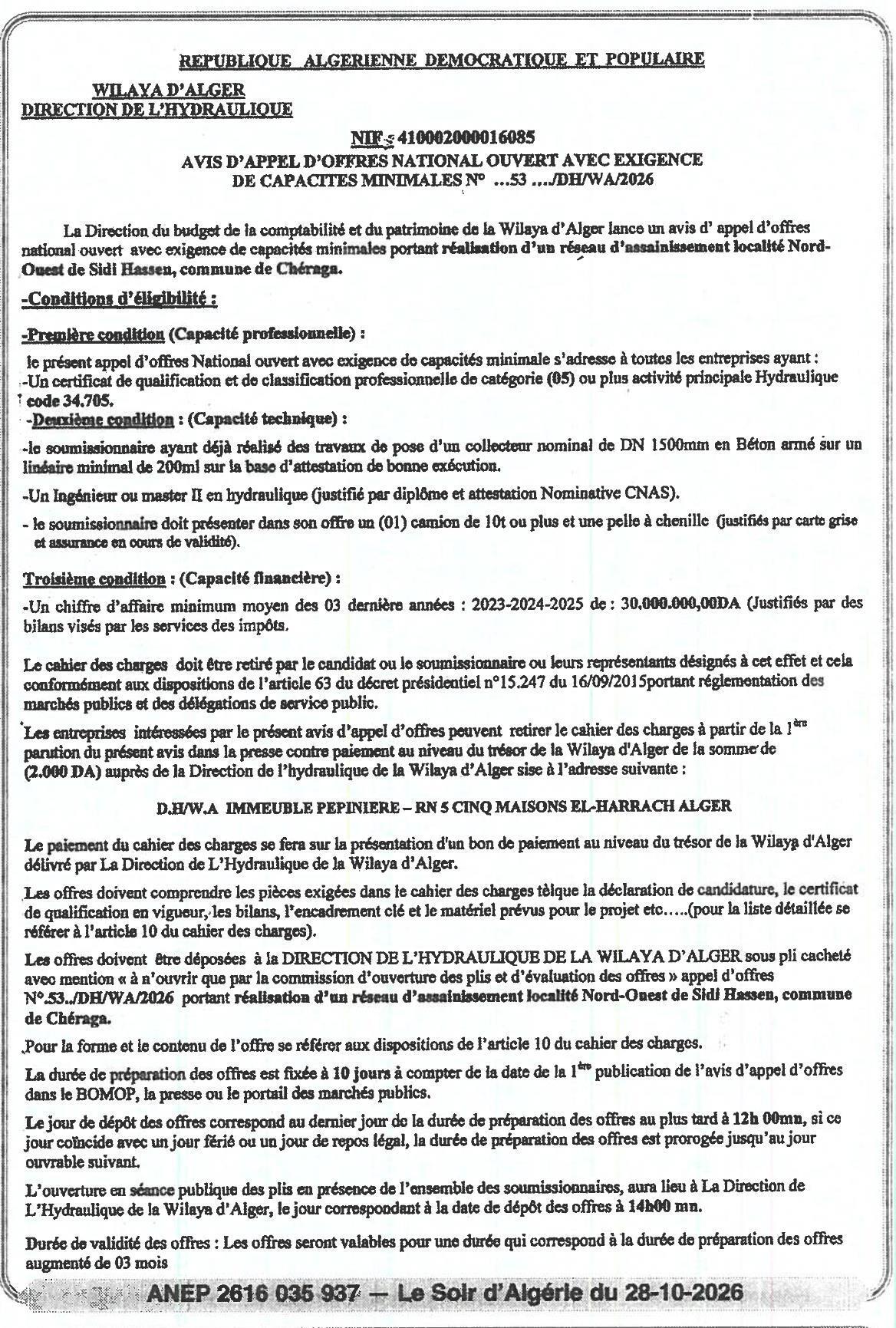 Réalisation d'un réseau d'assainissement à la localité Nord-Ouest de Sidi Hassen (Commune de Chéraga)
