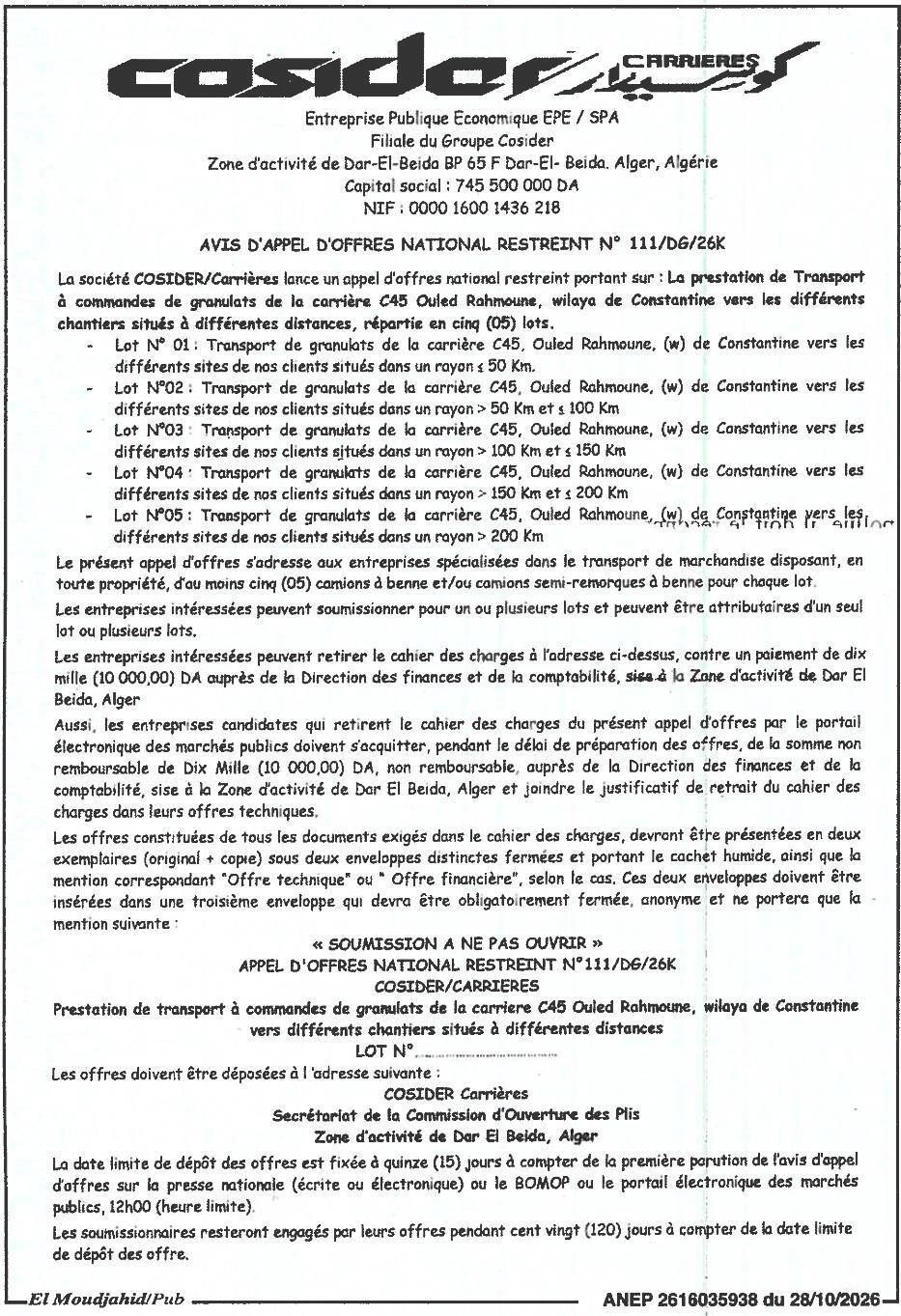 Appel d'offres national restreint pour le transport de granulats depuis la carrière C45 (Ouled Rahmoune, Constantine)