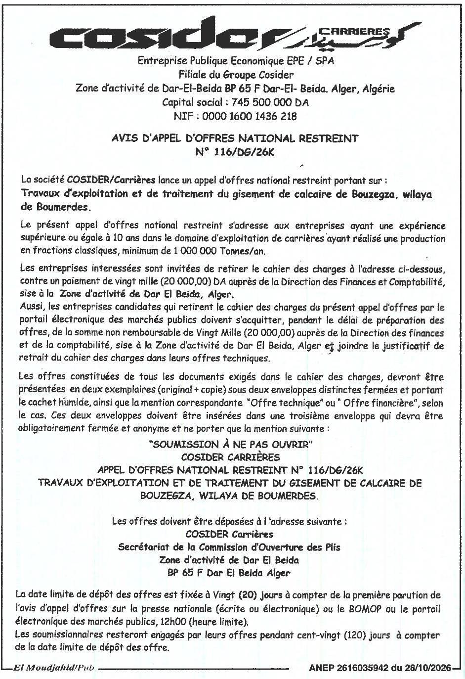 Travaux d'exploitation et de traitement du gisement de calcaire de Bouzegza (Wilaya de Boumerdes)