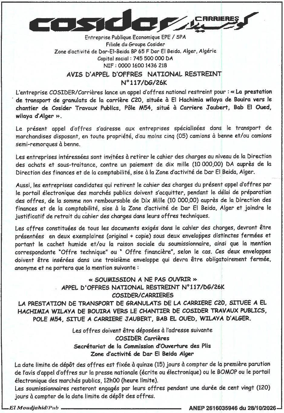 Appel d'offres restreint pour le transport de granulats (El Hachimia, Bouira → Bab El Oued, Alger)