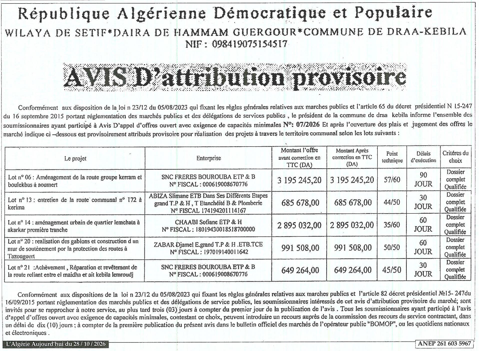 Attribution provisoire des marchés publics pour travaux routiers et aménagement urbain à Draa Kebila