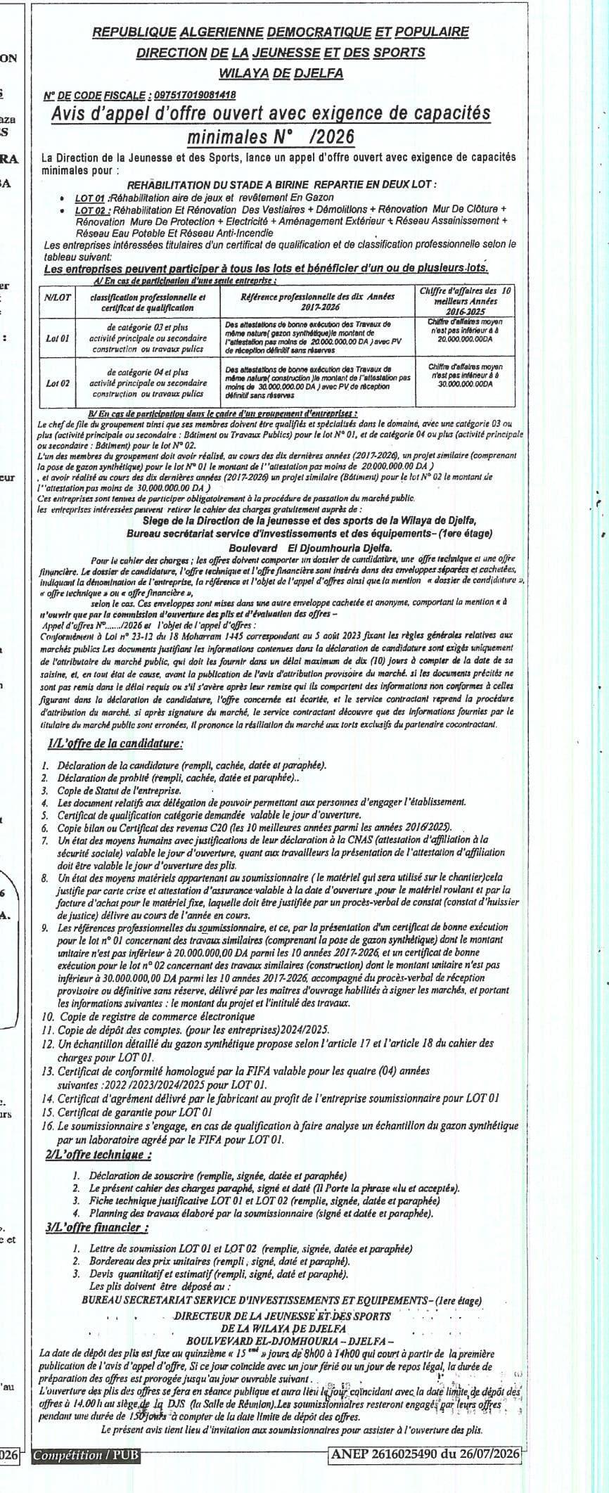 RÉHABILITATION DU STADE A BIRINE REPARTIE EN DEUX LOT