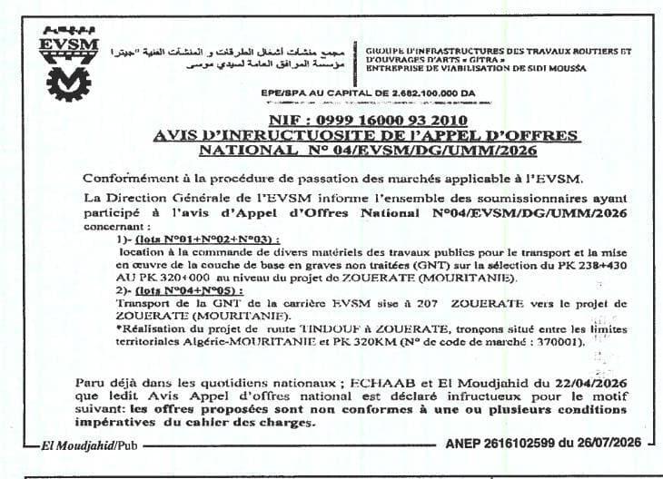 Avis d'infructuosité pour l'Appel d'Offres National N° 04/EVSM/DG/UMM/2026