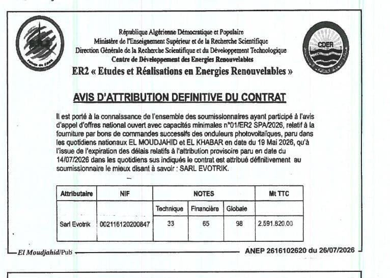Fourniture par bons de commandes successifs d'onduleurs photovoltaïques
