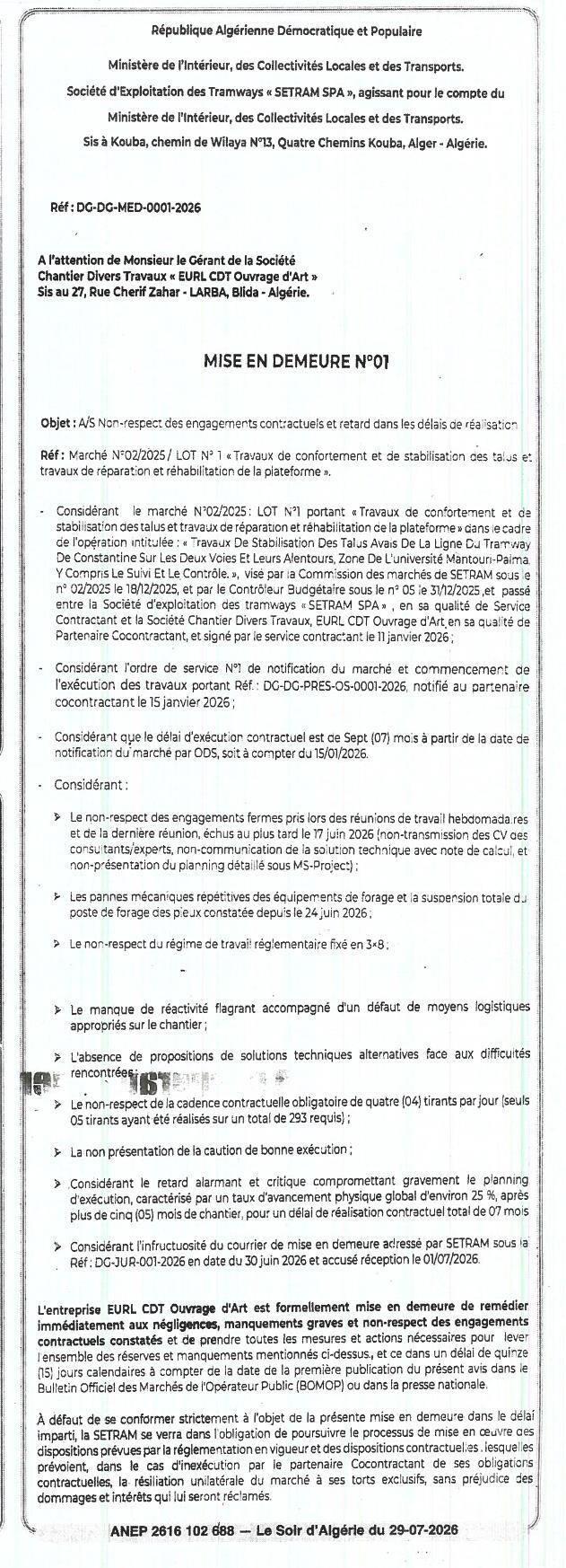 Mise en demeure relative au non-respect des engagements contractuels pour les travaux de confortement et de stabilisation des talus