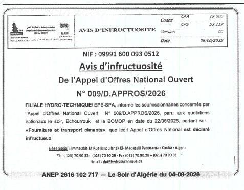 Avis d'infructuosité pour fourniture et transport clients