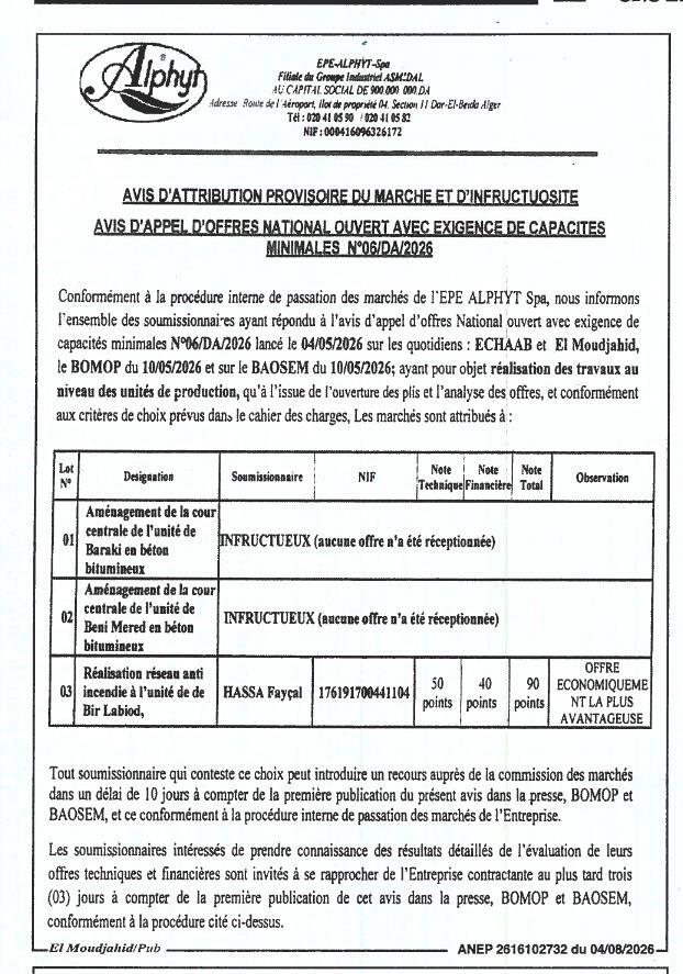 Avis d'attribution provisoire du marché et d'infructuosité n°06/DA/2026
