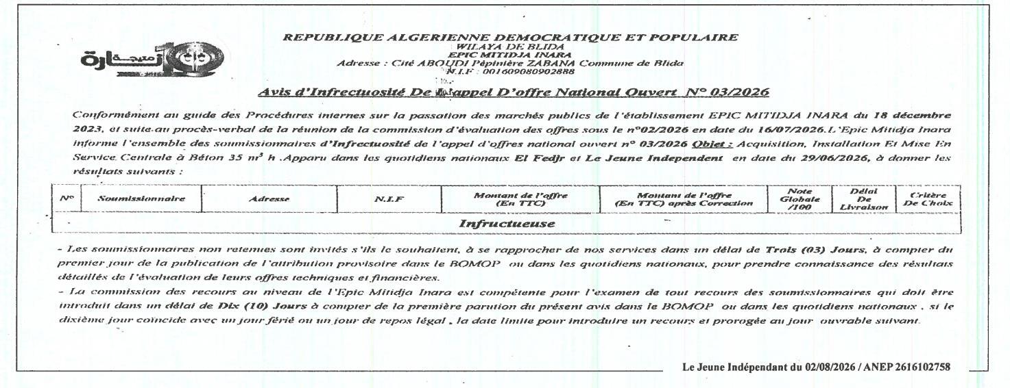 Avis d'infructuosité d'appel d'offres national ouvert