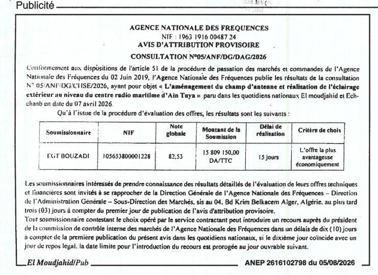 Attribution provisoire pour l'aménagement du champ d'antenne et la réalisation de l'éclairage extérieur au centre radio maritime d'Ain Taya