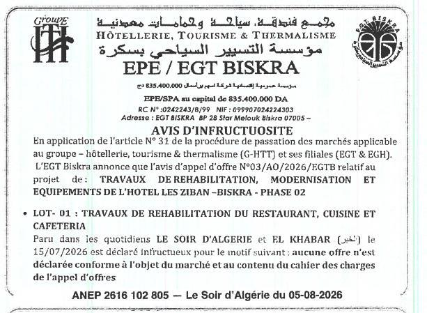 Avis d'infructuosité pour des travaux de réhabilitation, modernisation et équipements de l'hôtel Les Ziban à Biskra