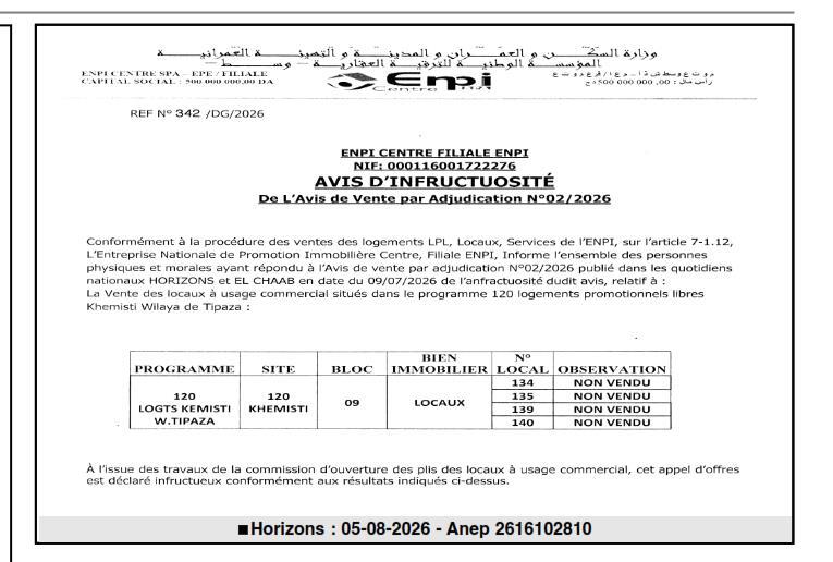 Avis d'infructuosité de vente par adjudication de locaux commerciaux