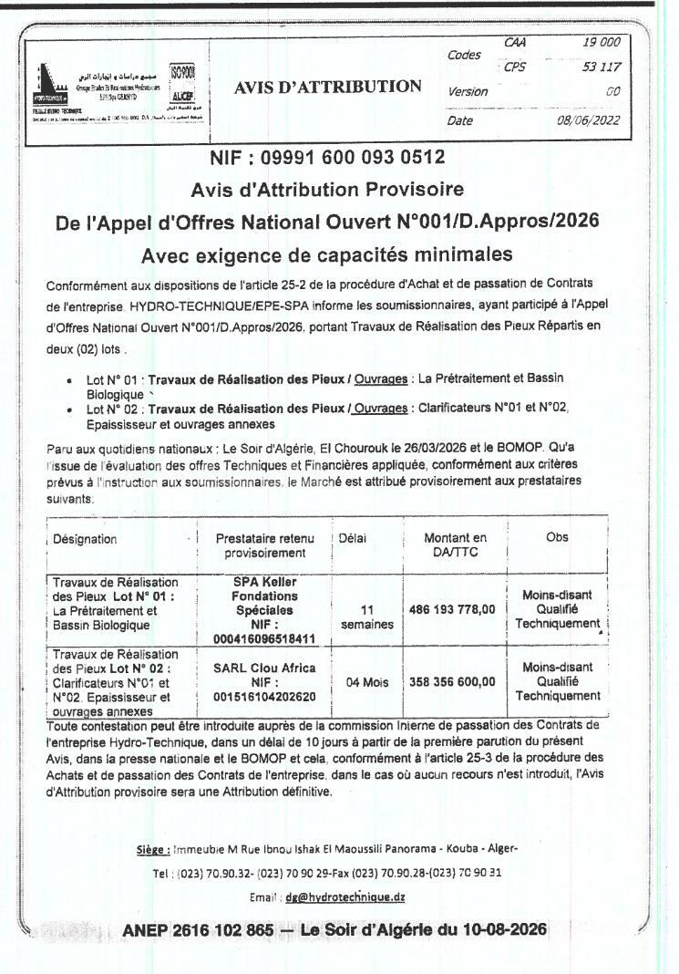 Avis d'attribution provisoire pour travaux de réalisation des pieux répartis en deux lots