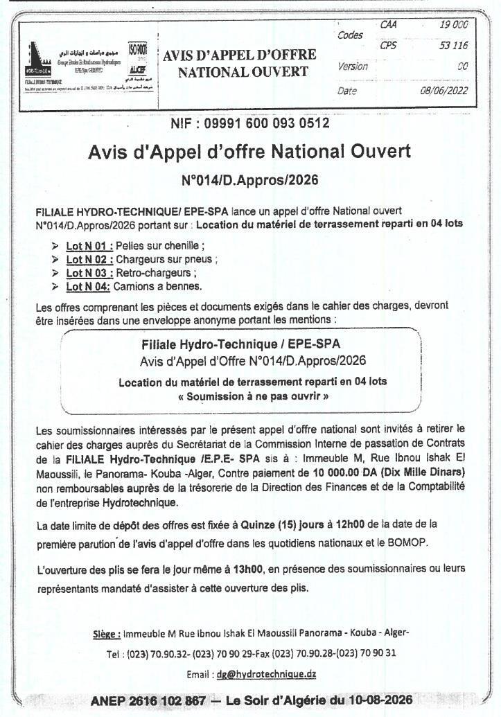 Location du matériel de terrassement réparti en 04 lots