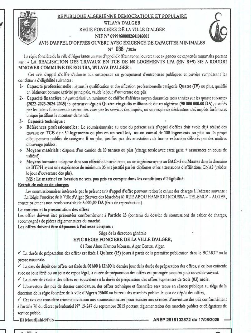 Appel d'offres national ouvert pour la réalisation des travaux en TCE de 160 logements LPA (R+9) à Koudri Mnower, commune de Rouiba, wilaya d'Alger