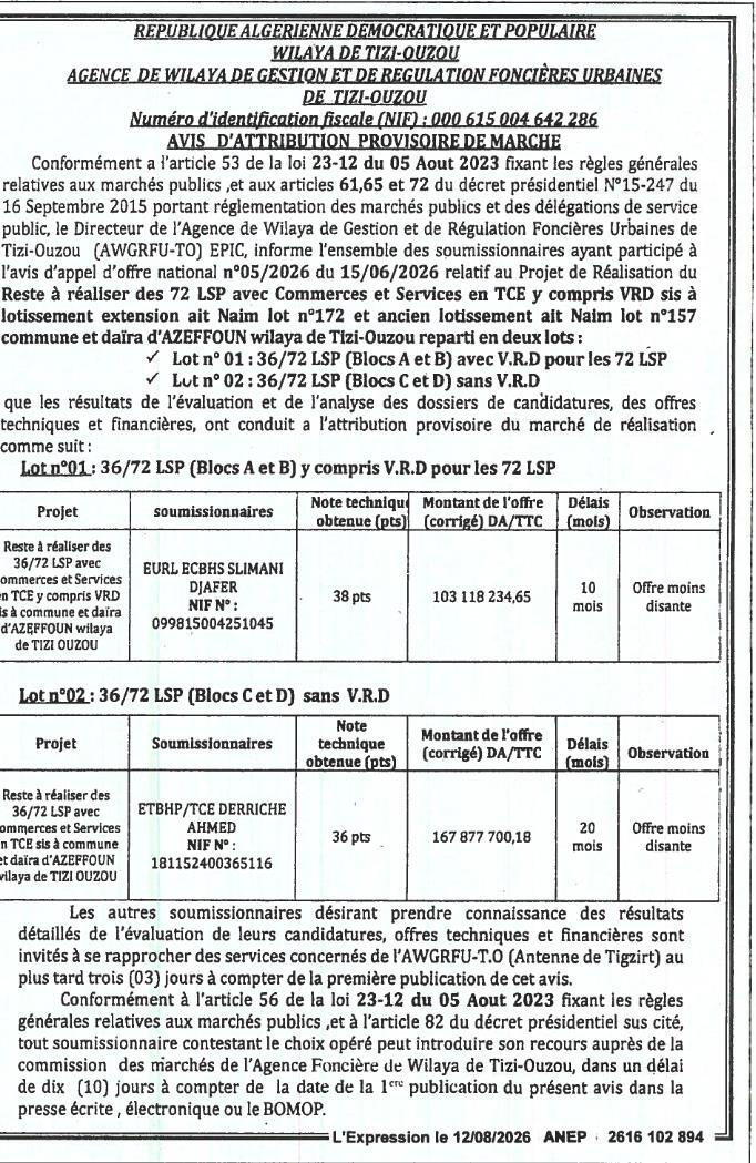 Avis d'attribution provisoire du marché pour la réalisation du reste à réaliser des 72 LSP avec commerces et services en TCE à Azzefoun