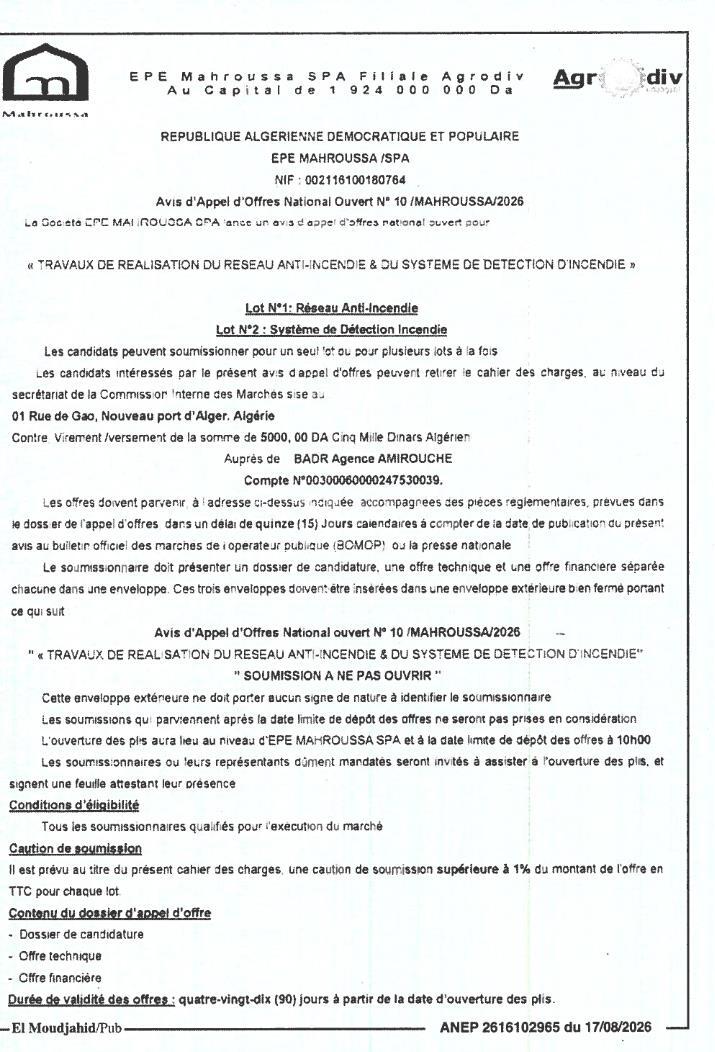 TRAVAUX DE RÉALISATION DU RÉSEAU ANTI-INCENDIE ET DU SYSTÈME DE DÉTECTION D'INCENDIE