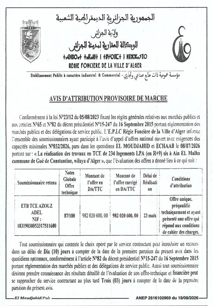 Avis d'attribution provisoire de marché pour la réalisation de 234 logements LPA (R+9) à Ain El Malha, Gué de Constantine