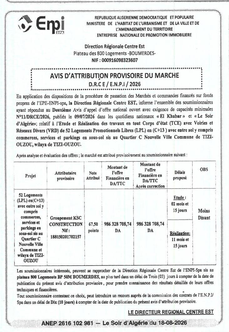 Avis d'attribution provisoire pour l'étude et la réalisation de 52 logements promotionnels libres avec commerces et parkings