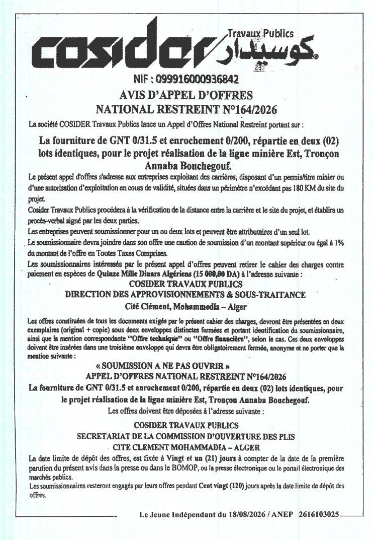 Appel d'offres national restreint pour la fourniture de GNT et enrochement pour la ligne minière Est, tronçon Annaba-Bouchegouf