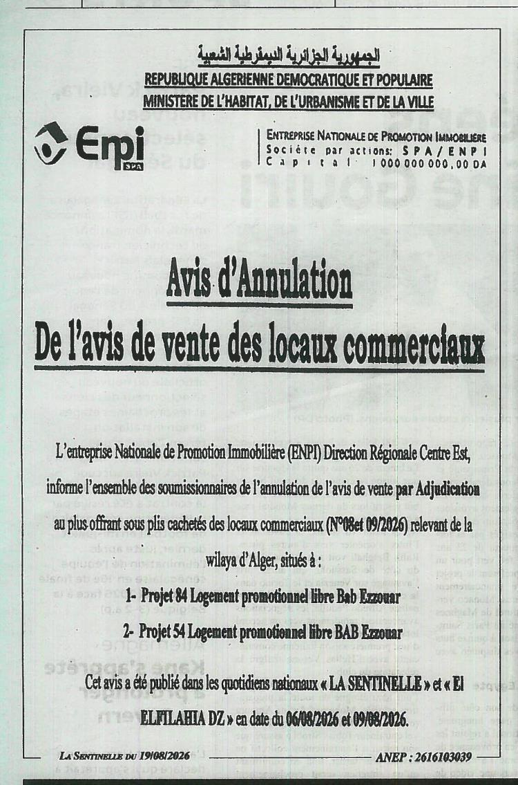 Avis d'annulation de l'avis de vente des locaux commerciaux