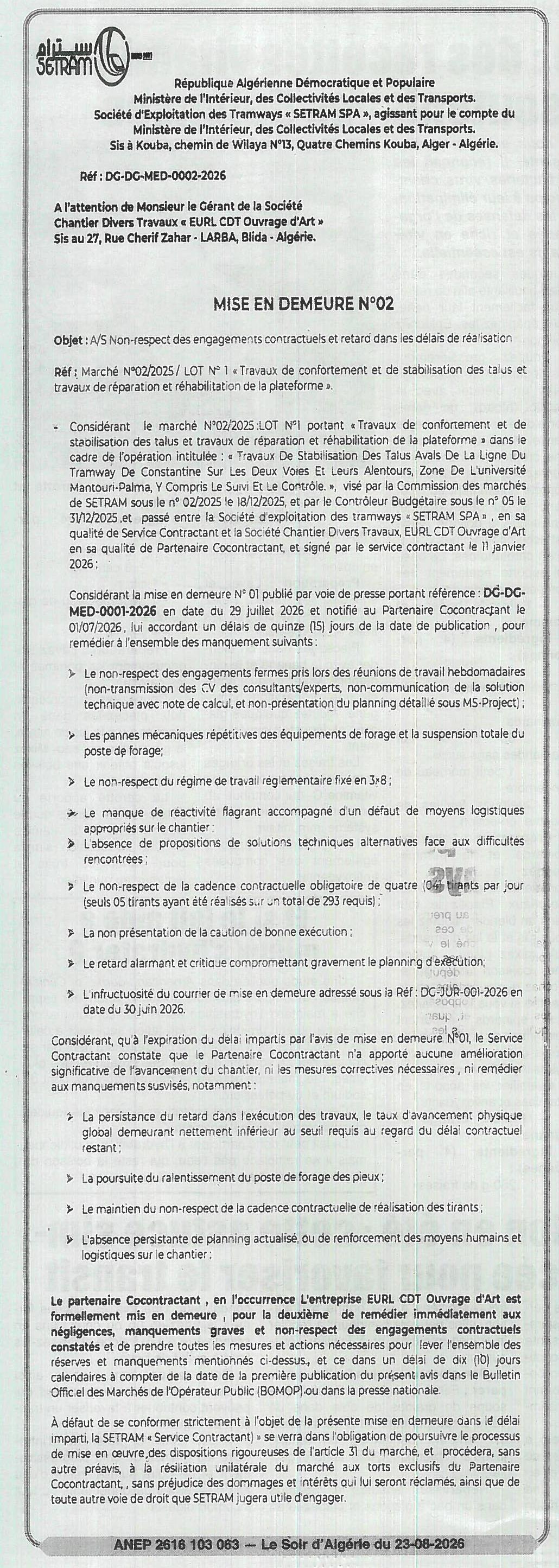 Mise en demeure relative au non-respect des engagements contractuels pour des travaux de stabilisation de talus