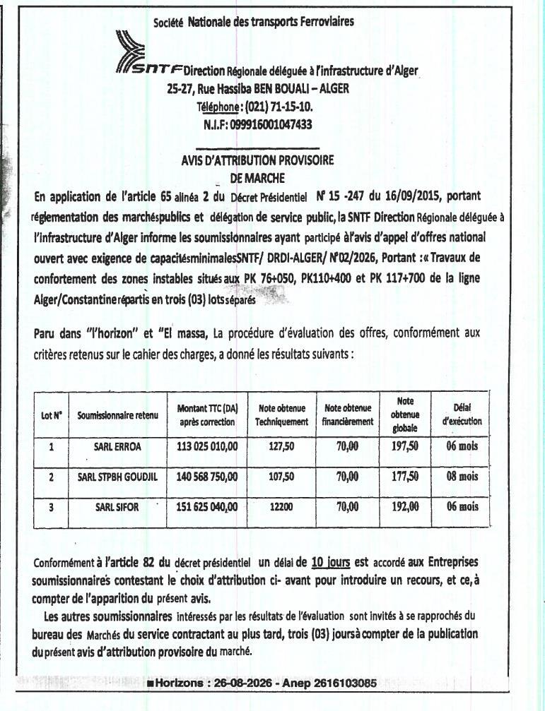 Avis d'attribution provisoire de marché pour travaux de confortement des zones instables sur la ligne Alger/Constantine