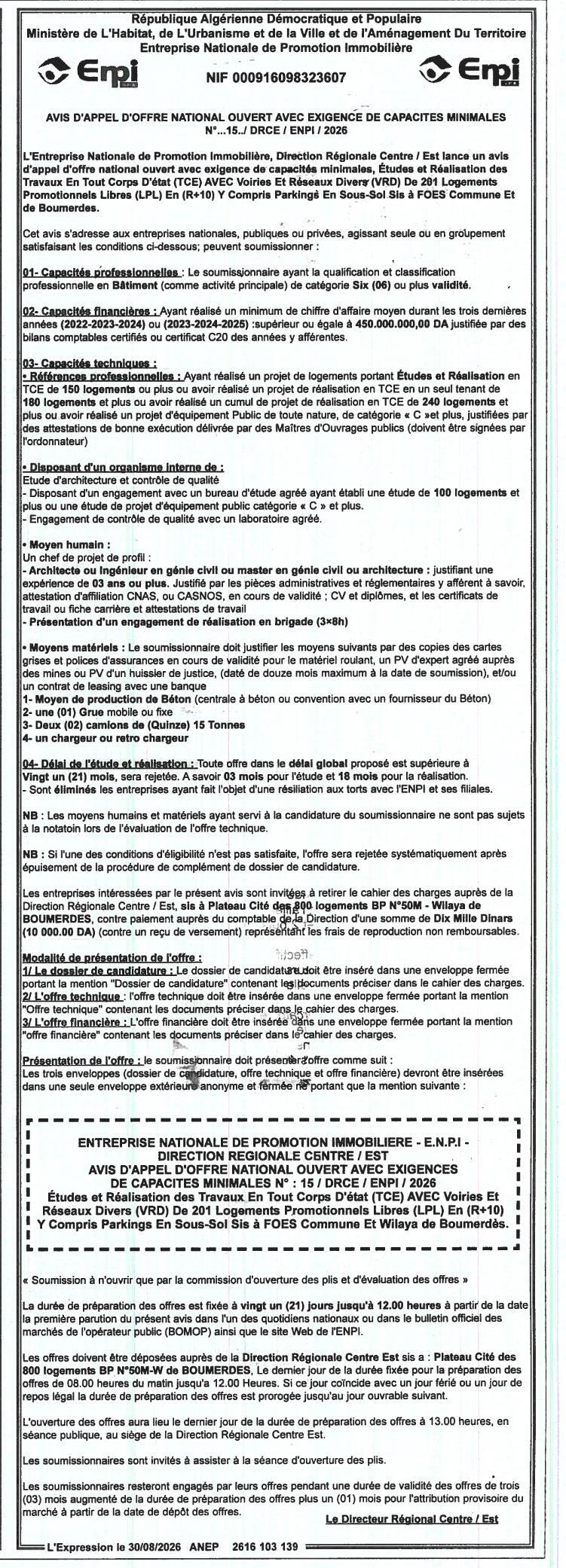 Appel d'offres national ouvert pour études et réalisation de travaux TCE avec VRD de 201 logements promotionnels libres (R+10) à FOES (Boumerdès)
