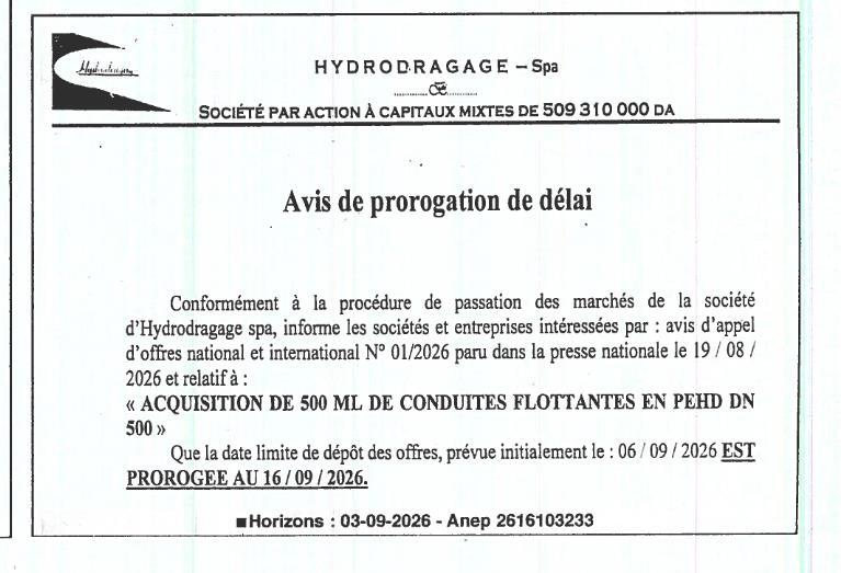 Avis de prorogation de délai