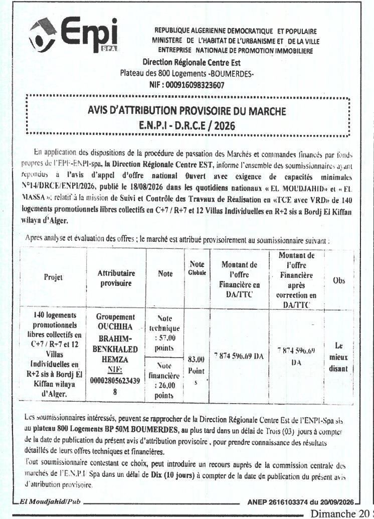 Attribution provisoire du marché pour le suivi et contrôle des travaux de réalisation de logements promotionnels à Bordj El Kiffan