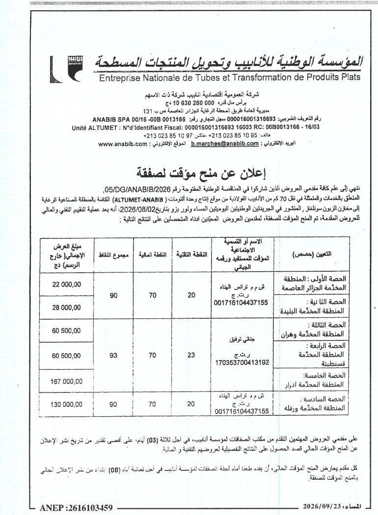 إعلان عن منح مؤقتة لأعمال نقل أنابيب الفولاذ