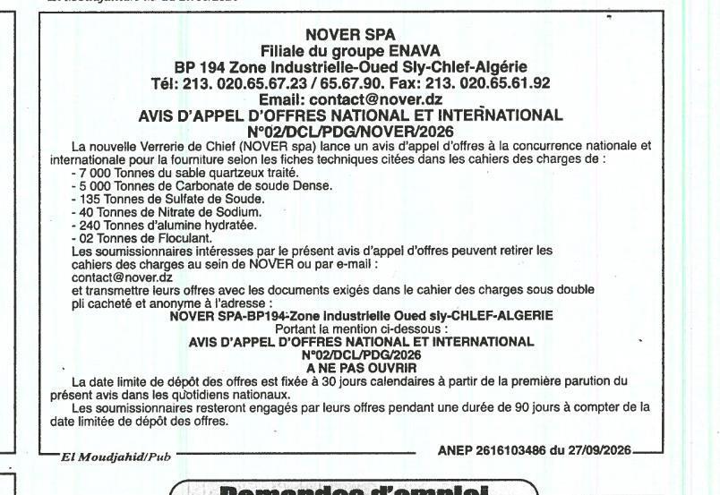 Fourniture de matières premières pour la verrerie NOVER SPA (sable quartzeux, carbonate de soude, sulfate de soude, nitrate de sodium, alumine hydratée, floculant)