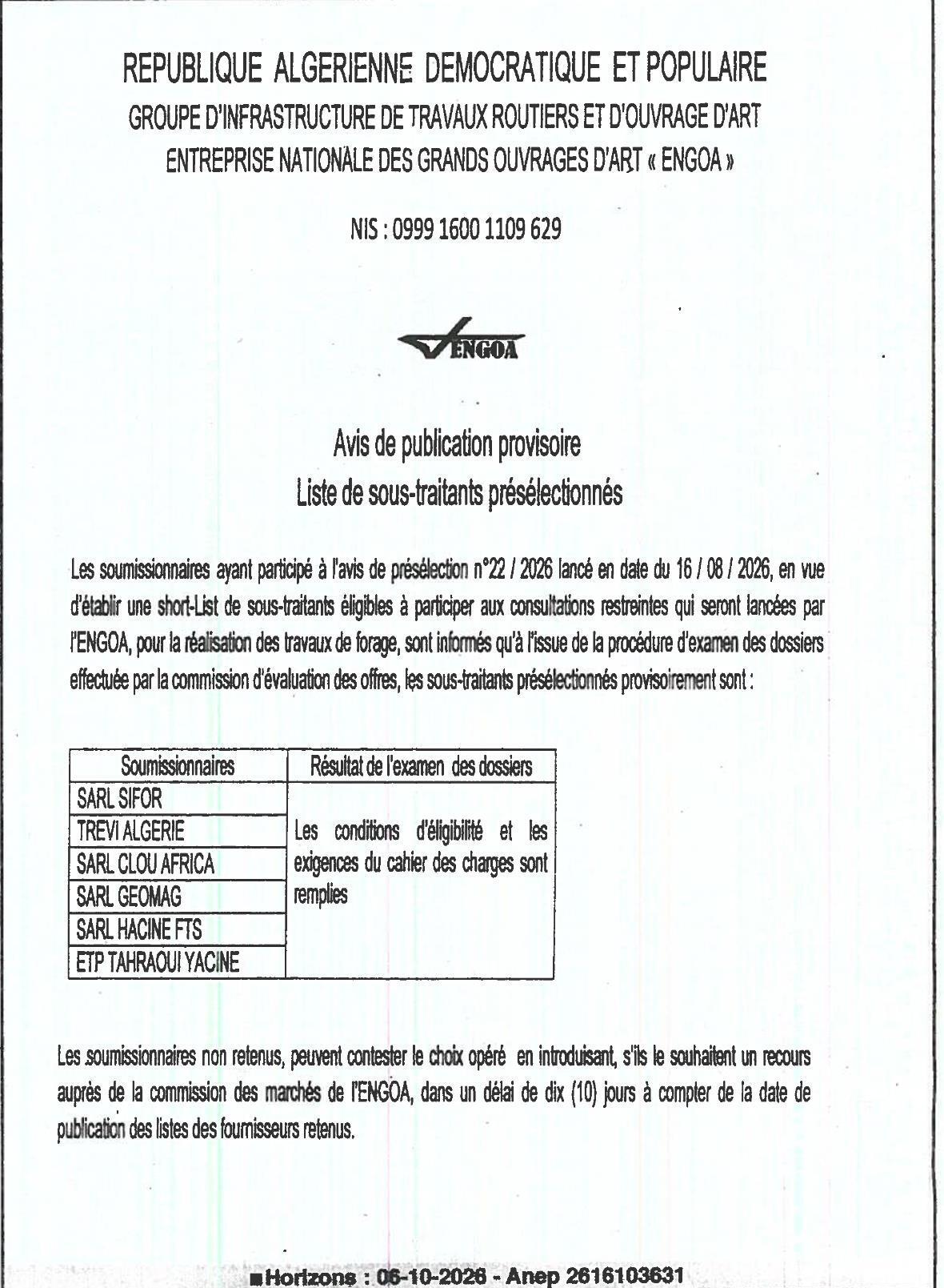 Liste provisoire des sous-traitants présélectionnés pour les travaux de forage