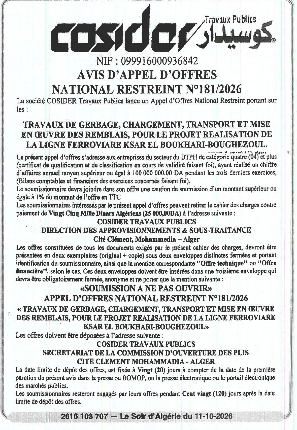 Travaux de gerbage, chargement, transport et mise en œuvre des remblais pour la ligne ferroviaire Ksar El Boukhari-Boughezoul