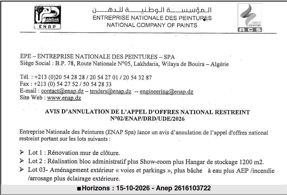 Annulation de l'appel d'offres national restreint pour travaux de rénovation et construction