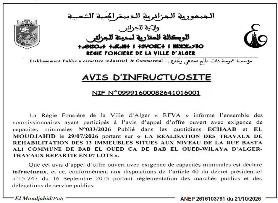 Déclaration d'infructuosité des travaux de réhabilitation de 13 immeubles (7 lots) à Bab El Oued, Wilaya d'Alger